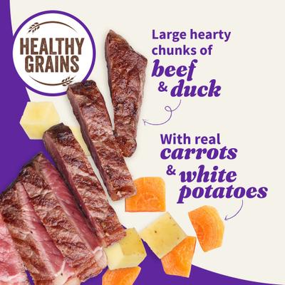 Show full view: Halo Elevate Kettle Cooked Chunky Healthy Grains Duck & Beef Stew with Carrots, White Potatoes & Brown Rice Wet Dog Food, 12.7-oz can, case of 6 slide 5 of 9