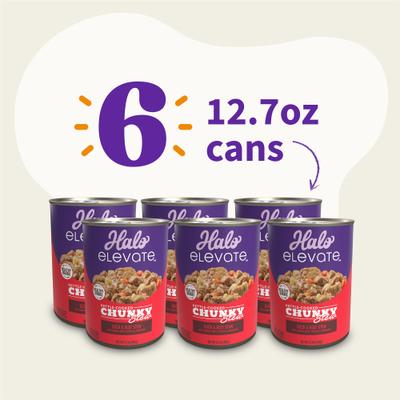 Show full view: Halo Elevate Kettle Cooked Chunky Healthy Grains Duck & Beef Stew with Carrots, White Potatoes & Brown Rice Wet Dog Food, 12.7-oz can, case of 6 slide 3 of 9