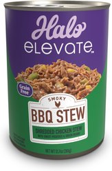 Halo Elevate Smoky BBQ Shredded Chicken Stew with Sweet Potatoes & Green Beans Grain-Free Wet Dog Food, 12.7-oz can, case of 6