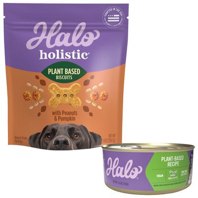Show full view: Halo Holistic Garden of Vegan Recipe Adult Canned Dog Food + Healthsome Vegan Grain-Free Biscuits with Peanut 'n Pumpkin Treats slide 1 of 9