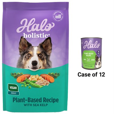 Halo Halo Holistic Garden of Vegan Recipe Canned Food, 13-oz, case of 12 + Vegan Complete Digestive Health Plant-Based Recipe with Kelp Dry Dog Food, 10-lb bag