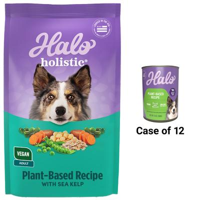 Show full view: Halo Holistic Garden of Vegan Recipe Canned Food, 13-oz, case of 12 + Vegan Complete Digestive Health Plant-Based Recipe with Kelp Dry Dog Food, 10-lb bag slide 1 of 9