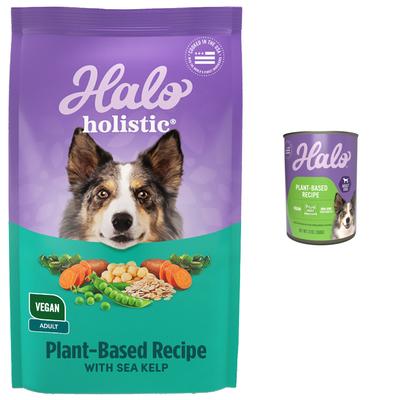 Show full view: Halo Holistic Garden of Vegan Recipe Canned Food, 13-oz, case of 12 + Vegan Complete Digestive Health Plant-Based Recipe with Kelp Dry Dog Food, 21-lb bag slide 1 of 9
