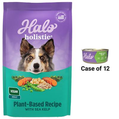Show full view: Halo Holistic Garden of Vegan Recipe Canned Food, 5.5-oz, case of 12 + Vegan Complete Digestive Health Plant-Based Recipe with Kelp Dry Dog Food, 21-lb bag slide 1 of 9
