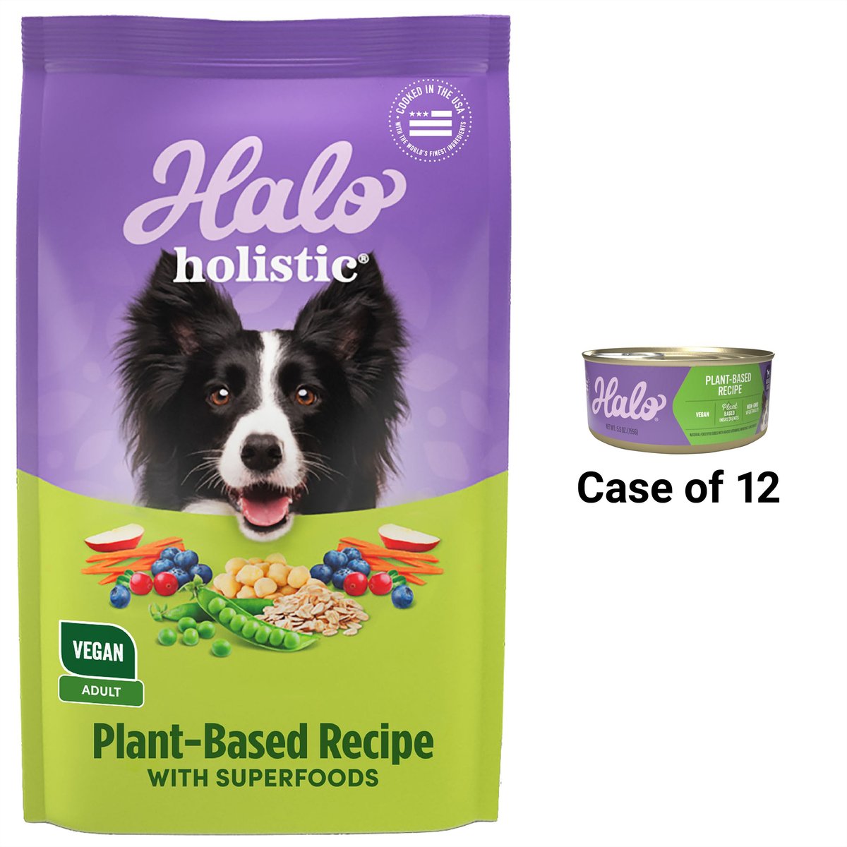 Halo Holistic Garden of Vegan Recipe Canned Food, 5.5-oz, case of 12 + Vegan Dog Food Complete Digestive Health Plant-Based Recipe with Superfoods Dry Dog Food