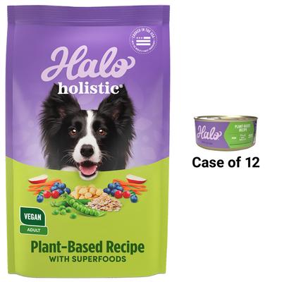 Show full view: Halo Holistic Garden of Vegan Recipe Canned Food, 5.5-oz, case of 12 + Vegan Dog Food Complete Digestive Health Plant-Based Recipe with Superfoods Dry Dog Food slide 1 of 9