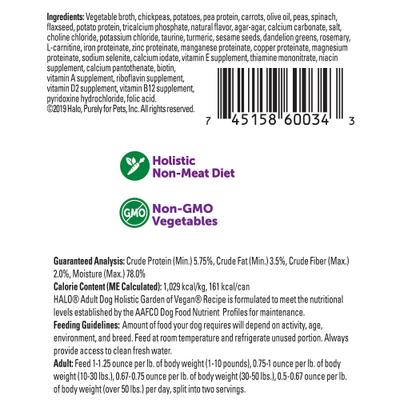 Show full view: Halo Holistic Garden of Vegan Recipe Canned Food, 5.5-oz, case of 12 + Vegan Dog Food Complete Digestive Health Plant-Based Recipe with Superfoods Dry Dog Food slide 3 of 9