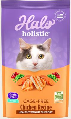 Show full view: Halo Holistic Indoor Chicken Recipe Complete Digestive Health & Healthy Weight Support Adult Grain-Free Cage-Free Dry Cat Food, 3-lb bag slide 1 of 12