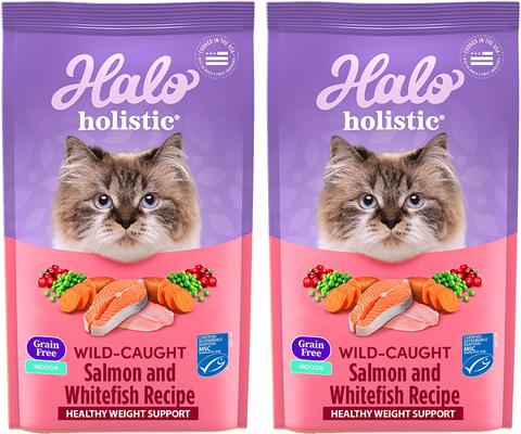Show full view: Halo Holistic Indoor Wild-Caught Salmon & Whitefish Recipe Complete Digestive Health & Healthy Weight Support Grain-Free Adult Dry Cat Food, 20-lb bundle  slide 1 of 12