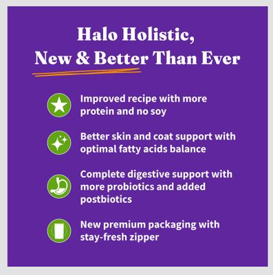 Show full view: Halo Holistic Vegan Dog Food Complete Digestive Health Plant-Based Recipe with Superfoods Adult Formula Dry Dog Food, 10-lb bag slide 4 of 10