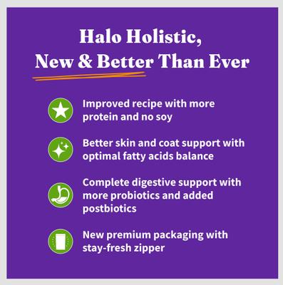 Show full view: Halo Holistic Vegan Dog Food Complete Digestive Health Plant-Based Recipe with Superfoods Adult Formula Dry Dog Food, 21-lb bag slide 4 of 10