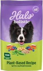 Halo Holistic Vegan Dog Food Complete Digestive Health Plant-Based Recipe with Superfoods Adult Formula Dry Dog Food Bag, 3.5-lb bag