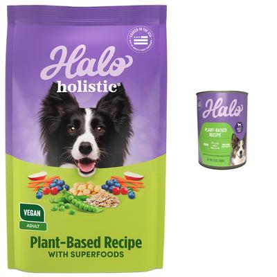 Show full view: Halo Holistic Vegan Dog Food Complete Digestive Health Plant-Based Recipe with Superfoods Dry Food + Garden of Vegan Recipe Canned Dog Food slide 1 of 9