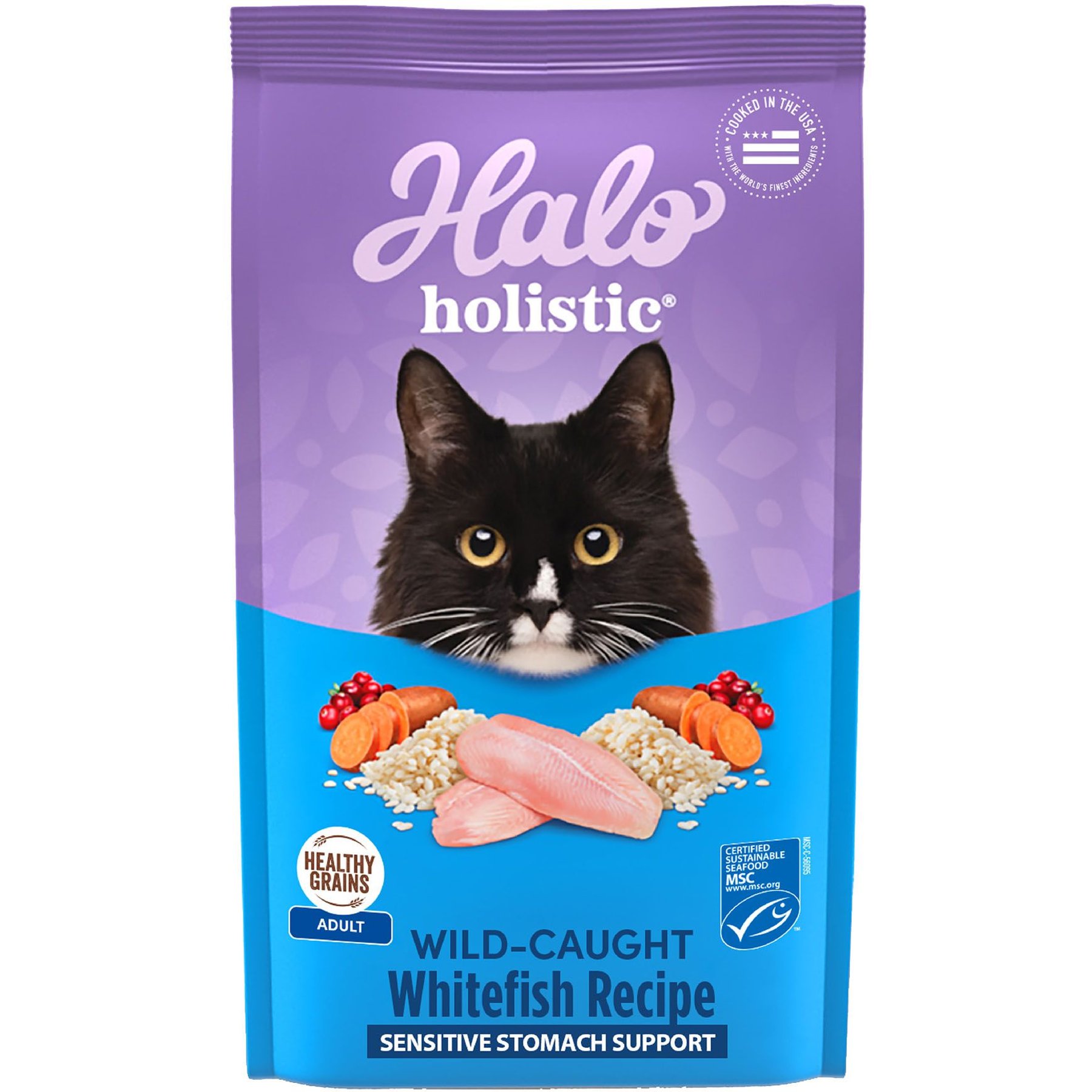 Halo Holistic Wild-Caught Whitefish Recipe Sensitive Stomach Support Adult Dry Cat Food, 10-lb bag