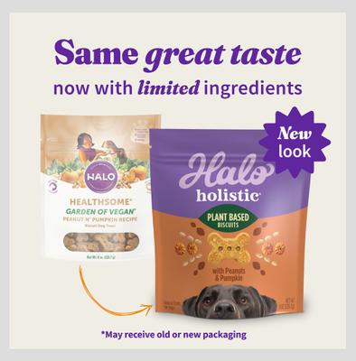 Show full view: Halo Plant-Based Dog Treats with Peanuts & Pumpkin Vegan Dog Treat, 8-oz slide 3 of 13