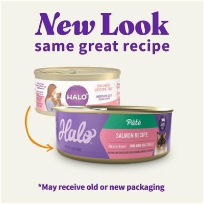 Show full view: Halo Salmon Recipe Pate Grain-Free Indoor Cat Canned Cat Food, 5.5-oz, case of 12 slide 3 of 10