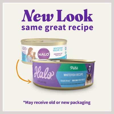 Show full view: Halo Whitefish Recipe with Real Whole Whitefish Pate Grain-Free Indoor Cat Wet Cat Food, 5.5-oz can, case of 12 slide 3 of 11