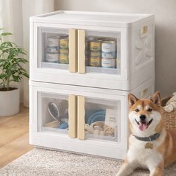 HANAMYA 2-Pack Foldable & Stackable Dog & Cat Toy Storage Container with Doors & Handle, White/Cream, 72-L