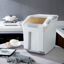 HANAMYA Pet Food Storage Container with Measuring Cup, White & Gray, 27-lb, 1 count