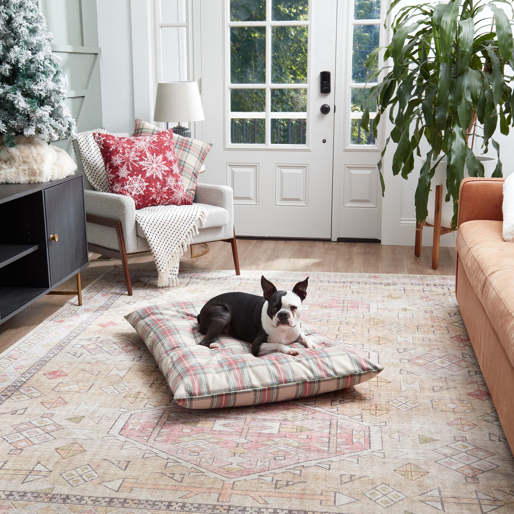 Happy Hounds Cleo Holiday Throw Dog & Cat Bed with Removable Cover, Holiday Plaid, Medium