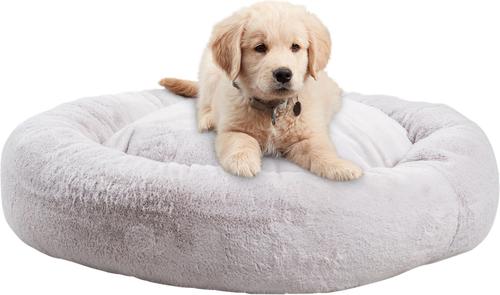 Show full view: Happy Hounds Radley Faux Fur Donut Bolster Dog & Cat Bed with Removable Cover, Whisker Gray, Medium slide 3 of 8