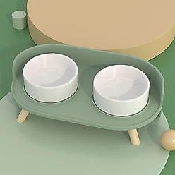 Happy & Polly Bone China Elevated Double Cat Bowl Set, Green