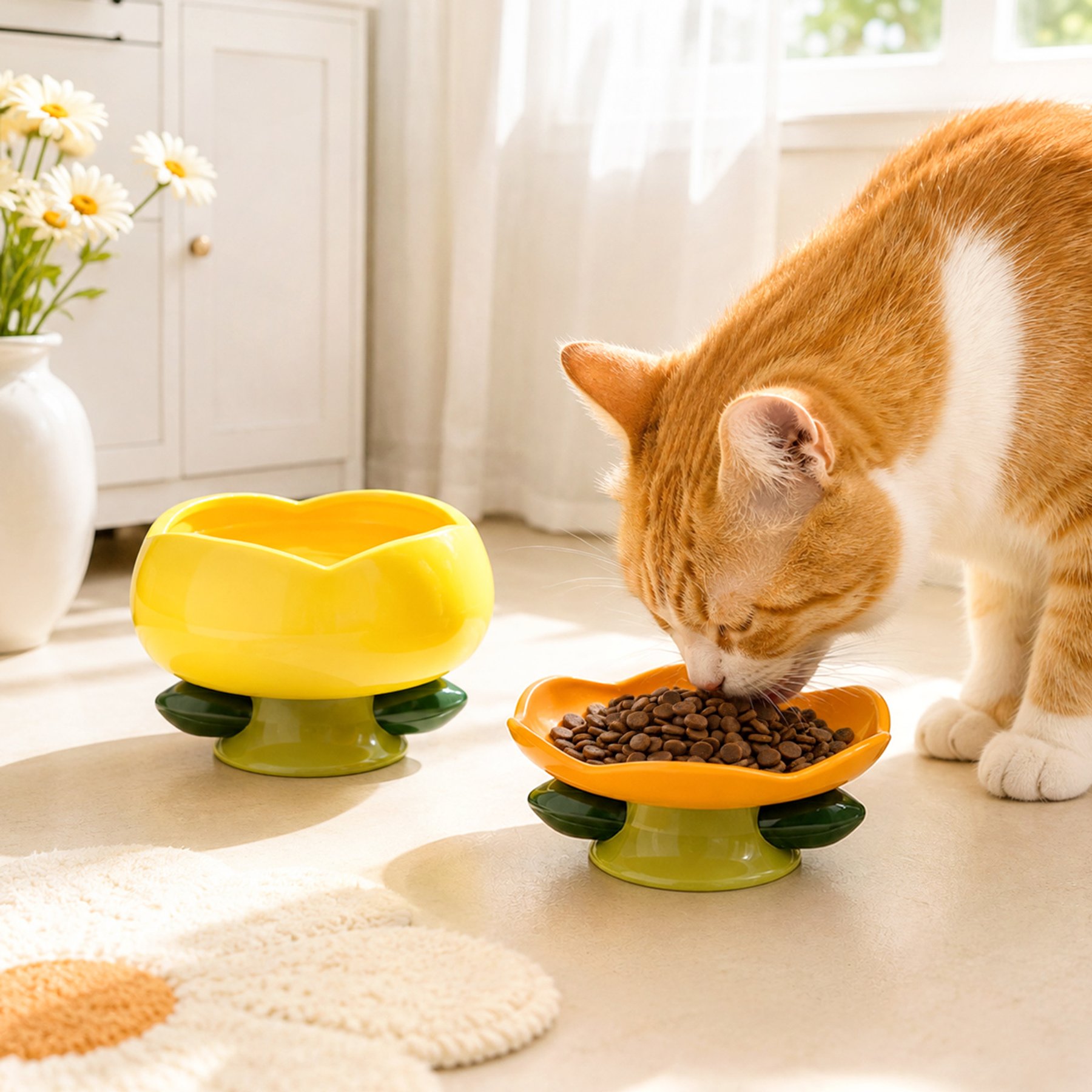 Happy & Polly Elevated Ceramic Flower Cat Bowl & Plate, Orange/Yellow, 4-cup, 2 count