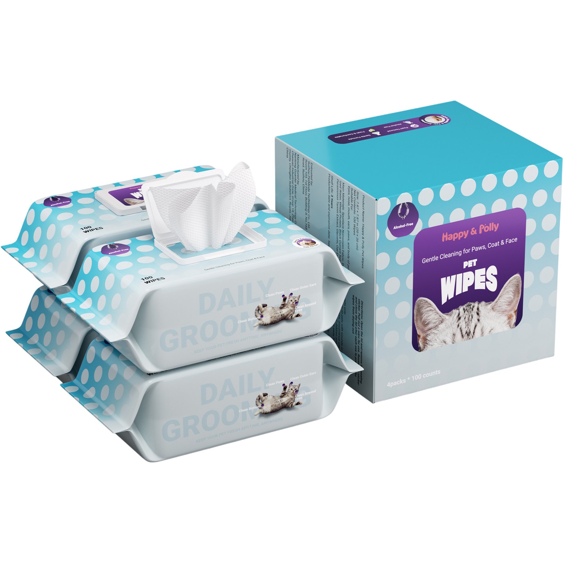 Happy & Polly Extra Large & Extra Thick Dog & Cat Deep Cleaning Wipes, 100 count, 4 bags