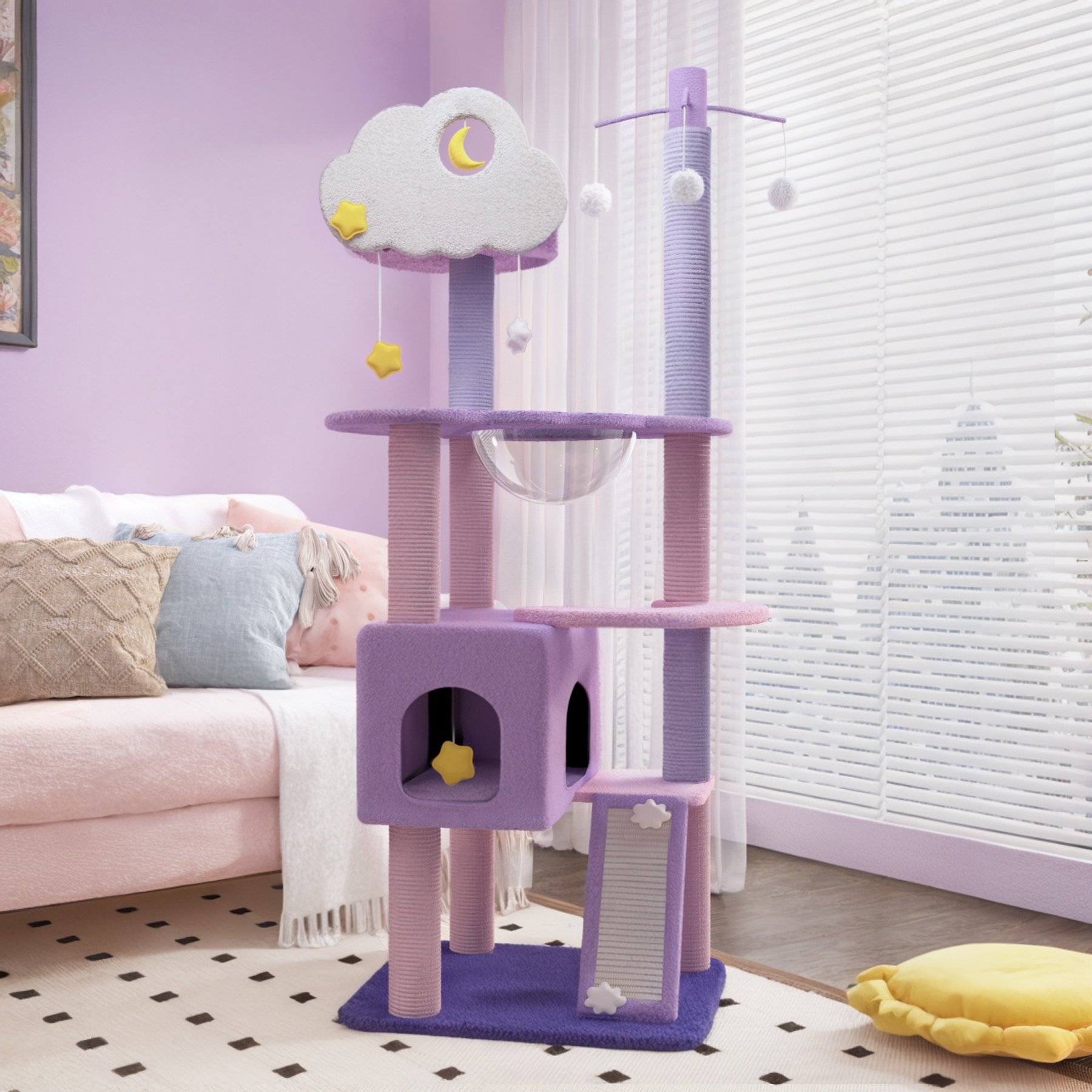 Happy & Polly Moonlight Deluxe 65-in Plush Cat Tree & Condo, Purple, Jumbo