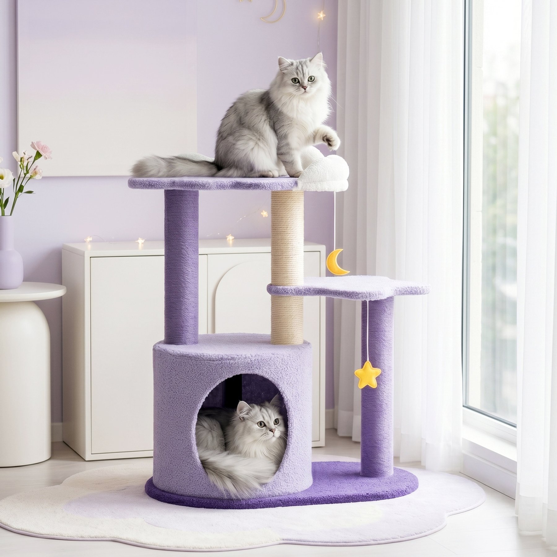 Happy & Polly Moonlight Deluxe Plush 18.5-in Fleece Hanging Toy Cat Tree & Condo, Purple, Small