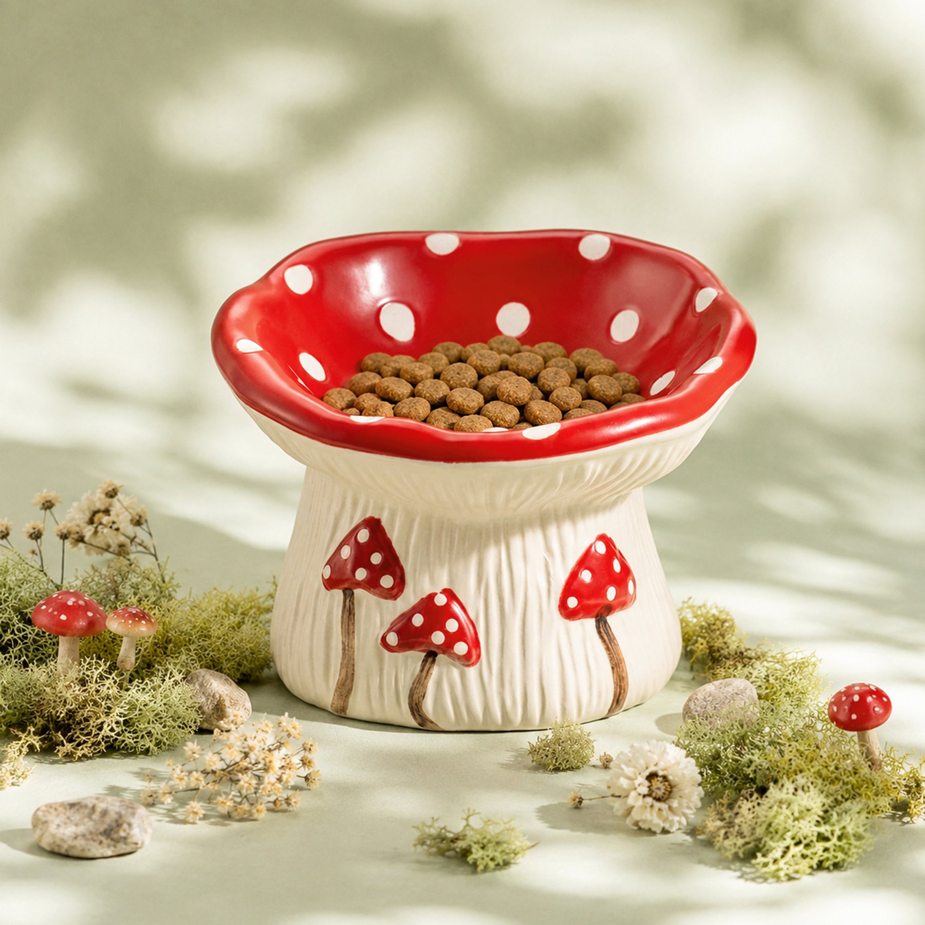 Happy & Polly Mushroom Meadow Ceramic Cat Elevated Water Bowl, 0.5-cup