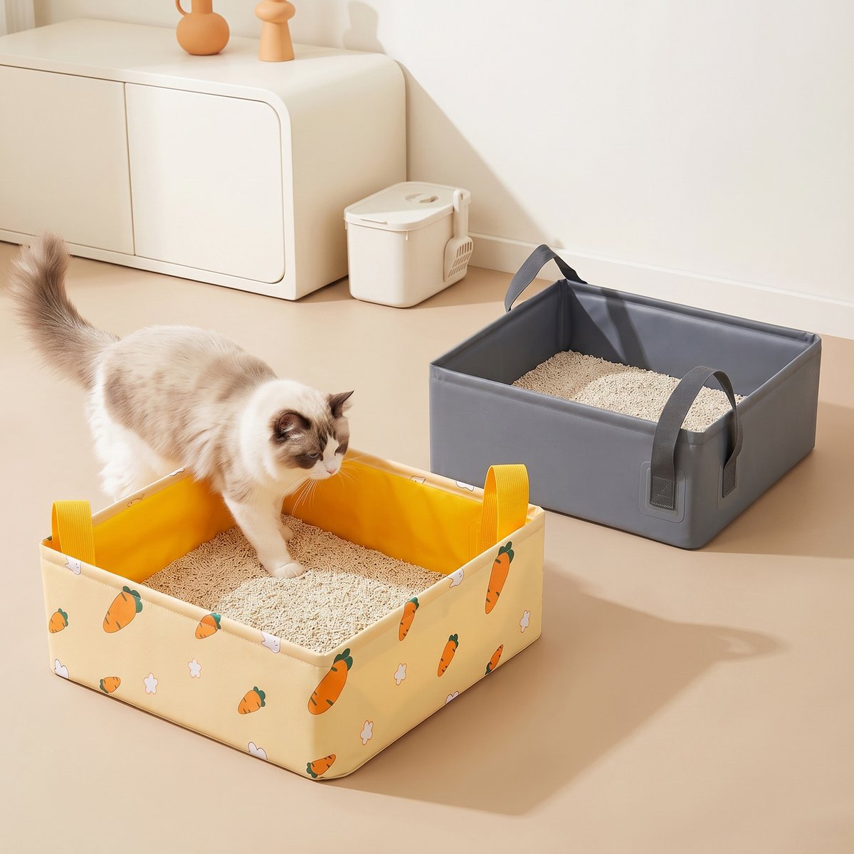 Happy & Polly Portable Foldable Cat Litter Box, Gray, Large, 2 count