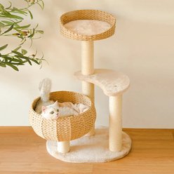Happy & Polly Sleeping in the Bowl 34.8-in Plush Cat Tree, Beige, Large