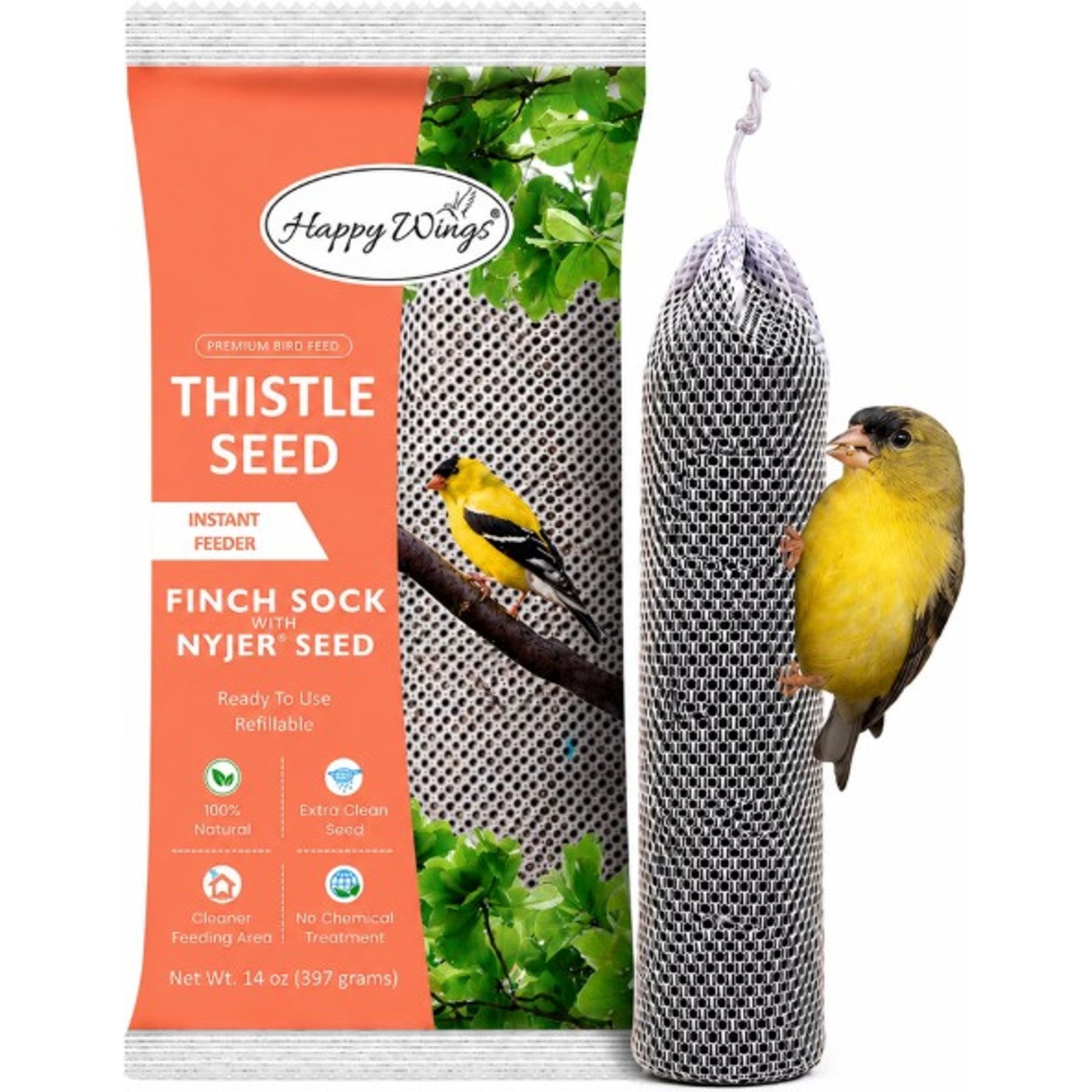Happy Wings Nyjer Seed Wild Bird Food Prefilled Sock, 14-oz sock bag