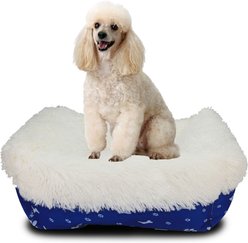 HappyCare Textiles Calming Durable Bolster Dog Bed, Printed Oxford Blue, Small