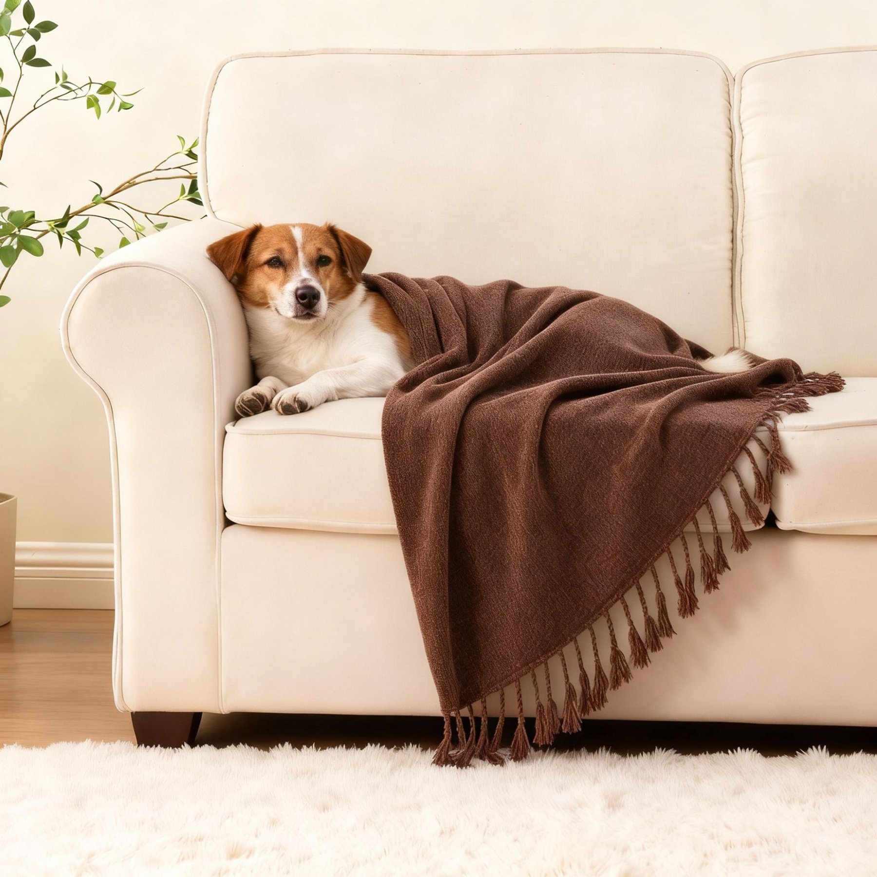 HappyCare Textiles Chenille Machine Washable Dog Blanket with Fringe Tassels, 50 x 60-in, Brown