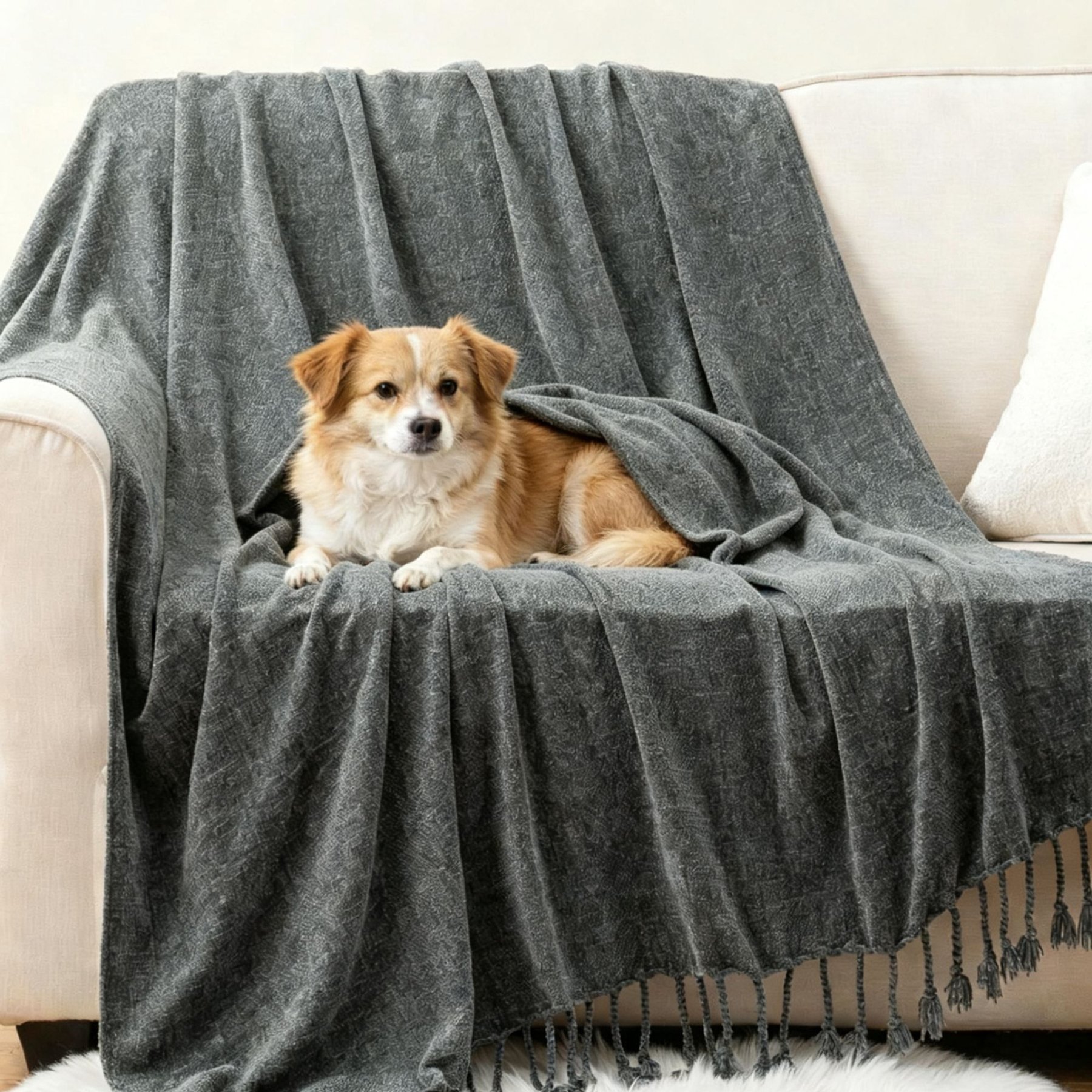 HappyCare Textiles Chenille Machine Washable Dog Blanket with Fringe Tassels, 50 x 60-in, Grey