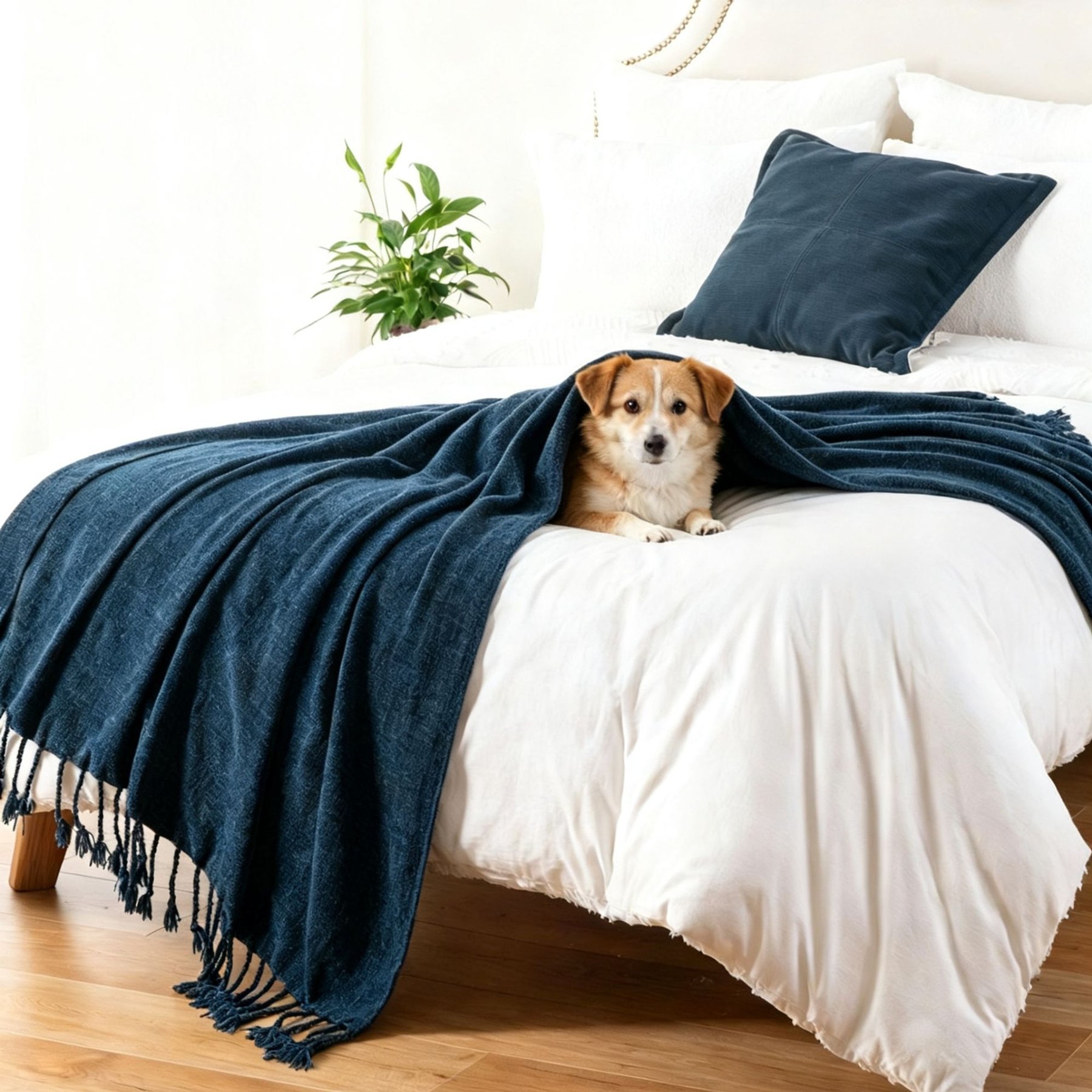 HappyCare Textiles Chenille Machine Washable Dog Blanket with Fringe Tassels, 50 x 60-in, Navy