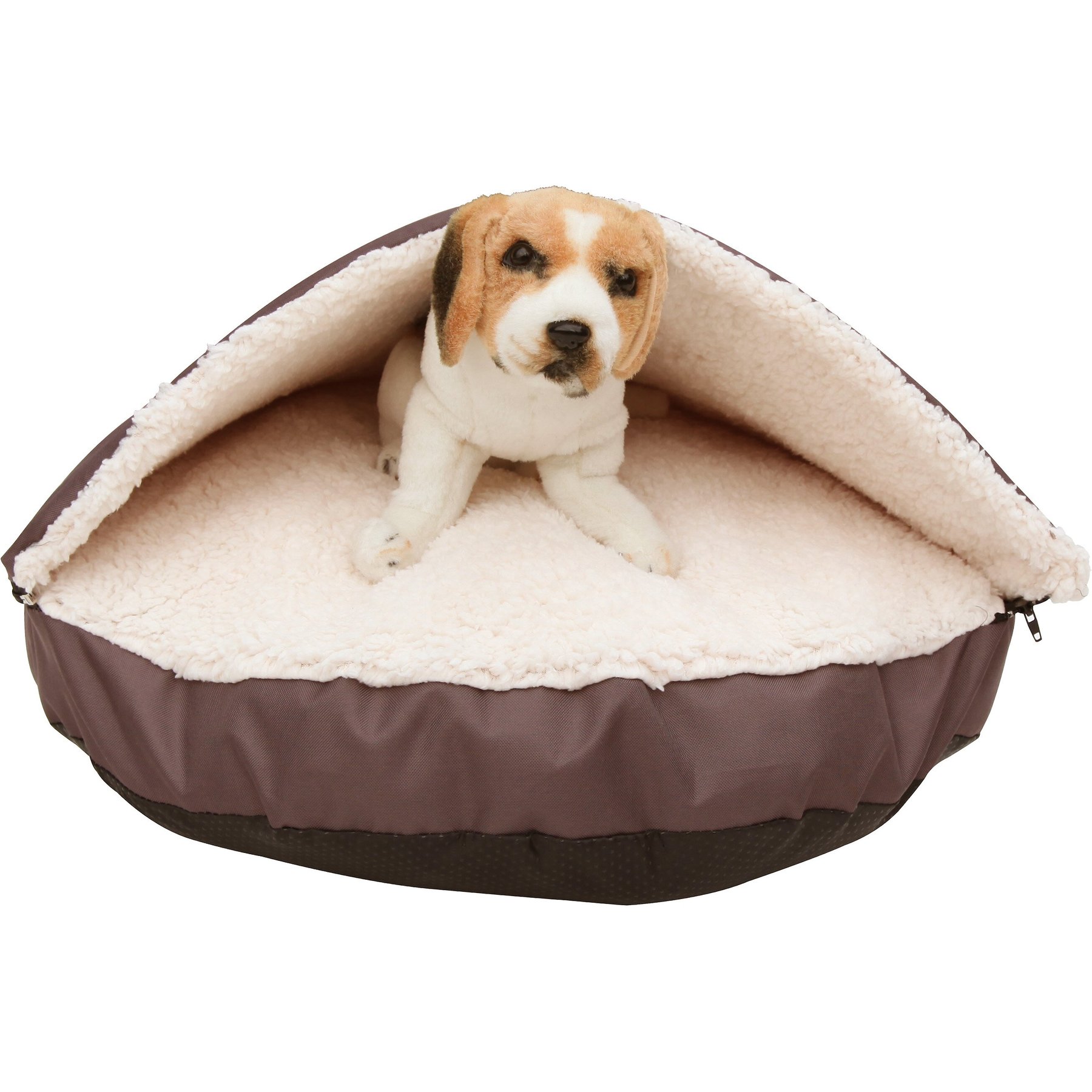 HappyCare Textiles Durable Oxford to Sherpa Pet Cave Covered Cat & Dog Bed with Removable Cover, Coffee