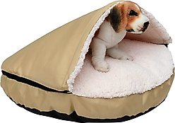 HappyCare Textiles Durable Oxford to Sherpa Pet Cave Covered Cat & Dog Bed with Removable Cover, Khaki