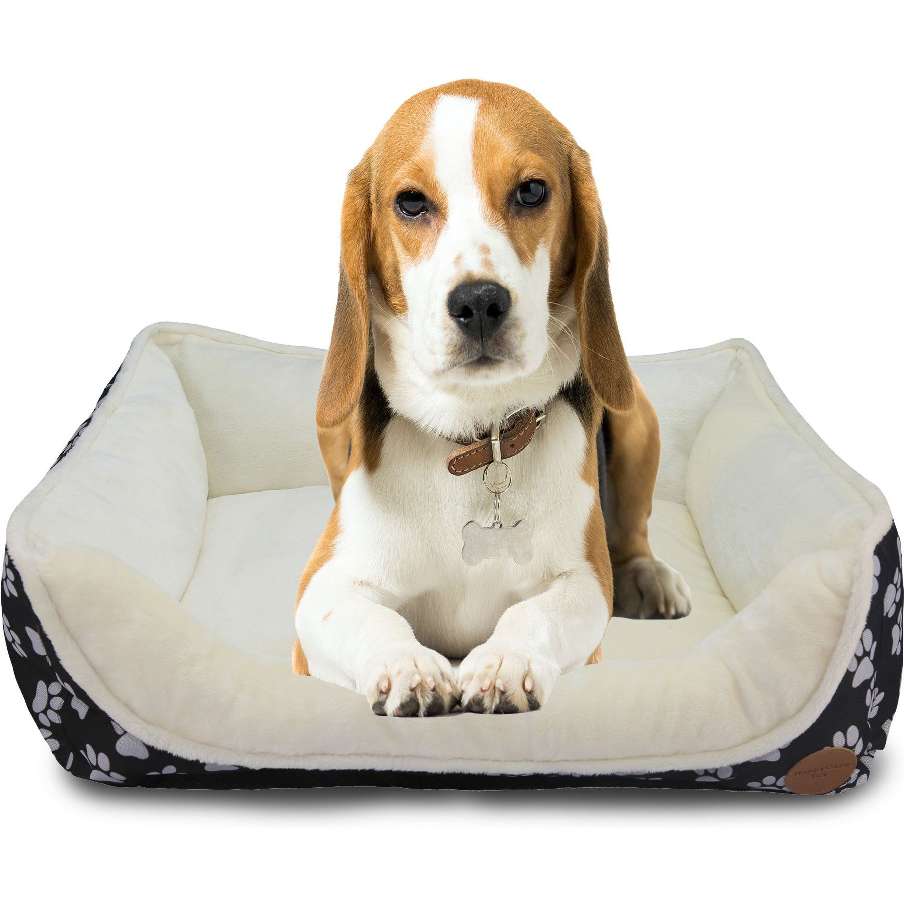 HappyCare Textiles Durable Printed Oxford Plush Bolster Cat & Dog Bed, Black, Large