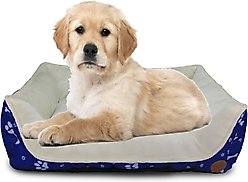 HappyCare Textiles Durable Printed Oxford Plush Bolster Cat & Dog Bed, Blue, Large