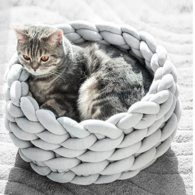 Show full view: HappyCare Textiles Luxurious Chunky Crochet Comfort Round Bolster Dog & Cat Bed, Grey, Medium slide 2 of 10