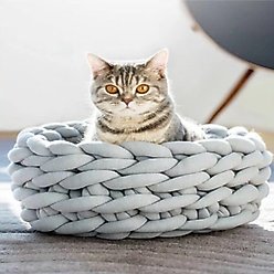 HappyCare Textiles Luxurious Chunky Crochet Comfort Round Bolster Dog & Cat Bed, Grey, Small