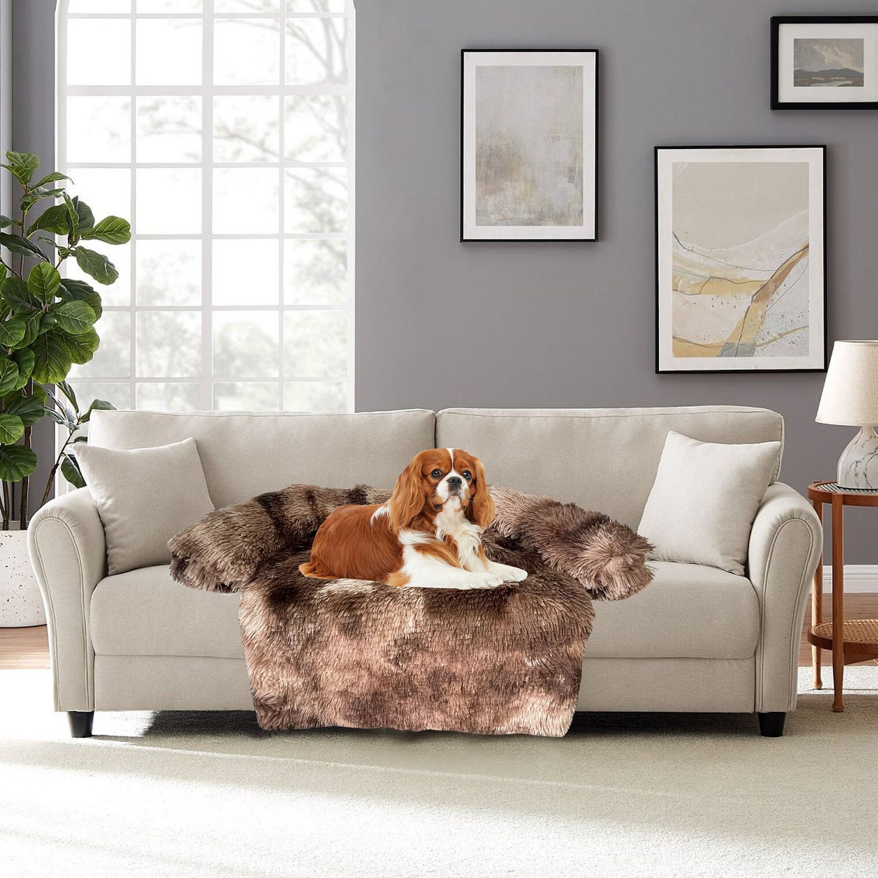 HappyCare Textiles Luxurious Comfort Fur Bolster Dog & Cat Bed, Frost Brown, Large