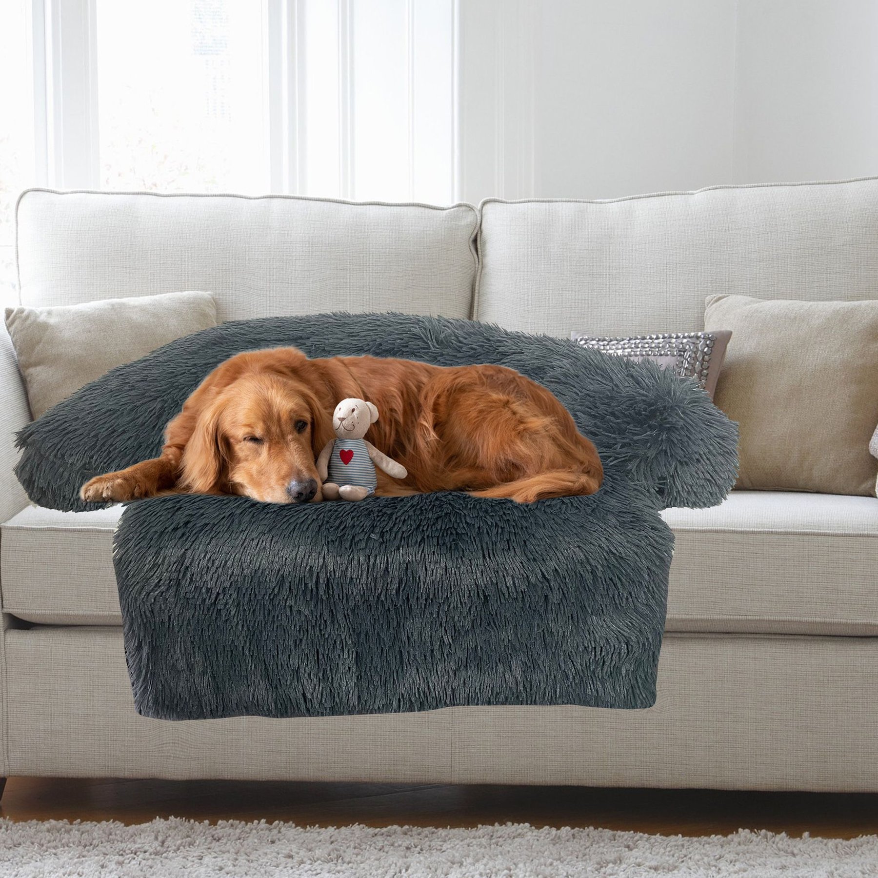 HappyCare Textiles Luxurious Comfort Fur Bolster Dog & Cat Bed, Grey, Large