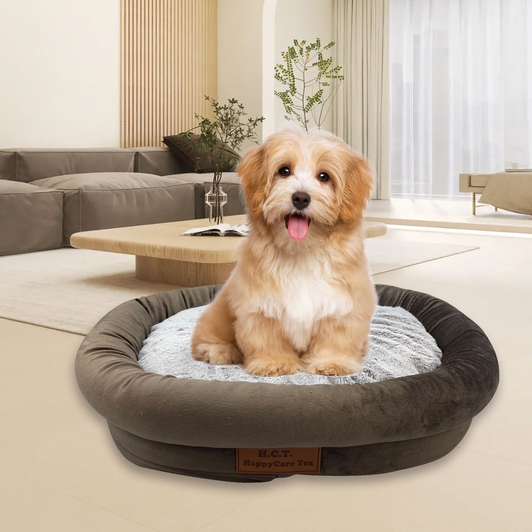 HappyCare Textiles Luxurious Short Plush Oval Orthopedic Bolster Dog & Cat Bed, Brown, Medium
