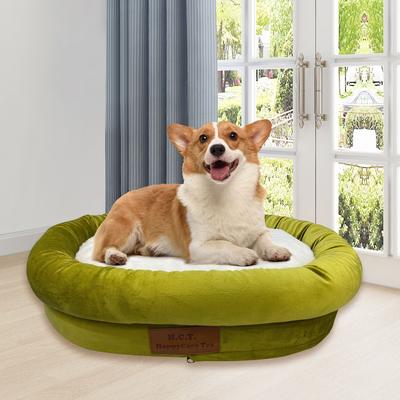 Show full view: HappyCare Textiles Luxurious Short Plush Oval Orthopedic Bolster Dog & Cat Bed, Green, Medium slide 1 of 9