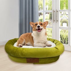 HappyCare Textiles Luxurious Short Plush Oval Orthopedic Bolster Dog & Cat Bed, Green, Small
