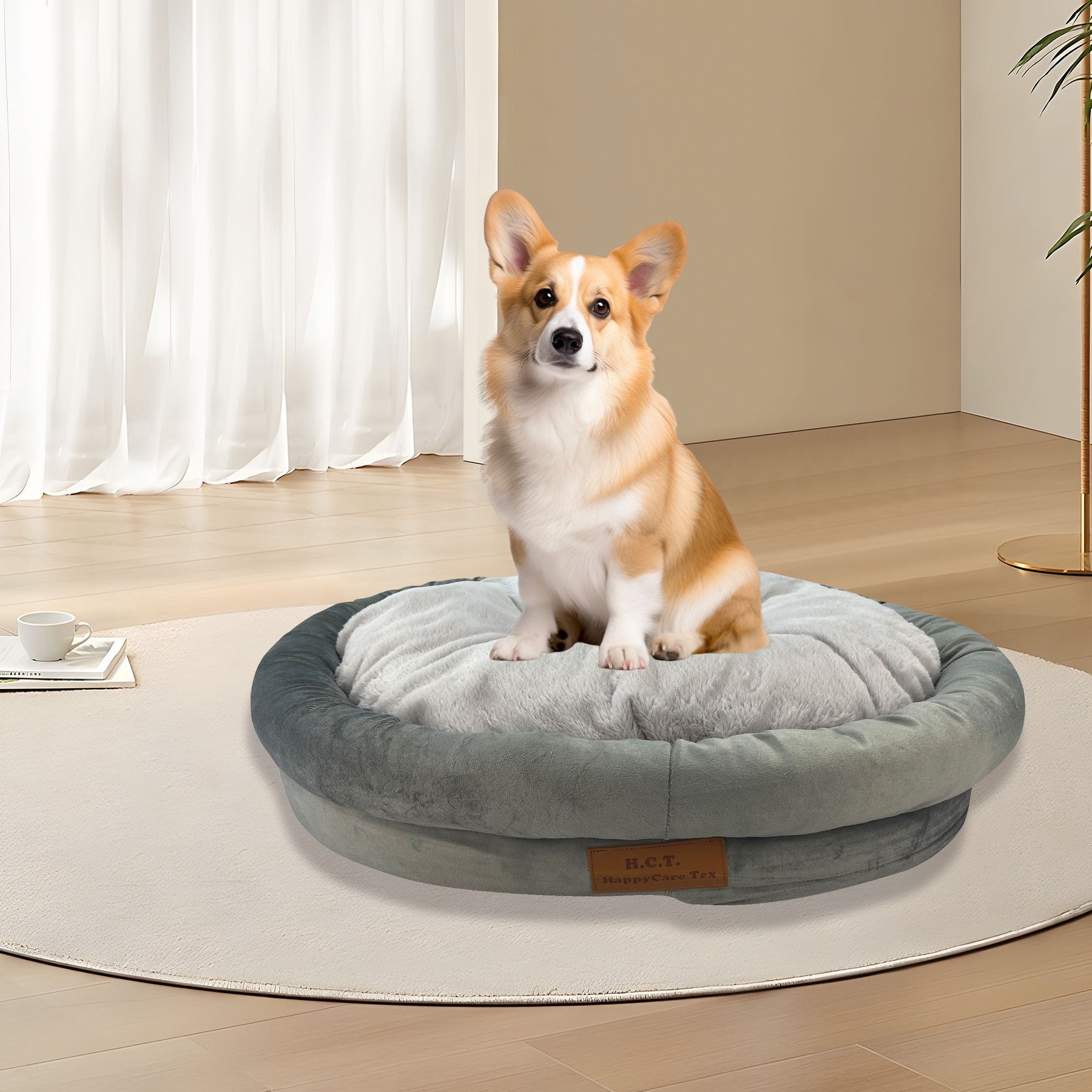 HappyCare Textiles Luxurious Short Plush Oval Orthopedic Bolster Dog & Cat Bed, Grey, Small
